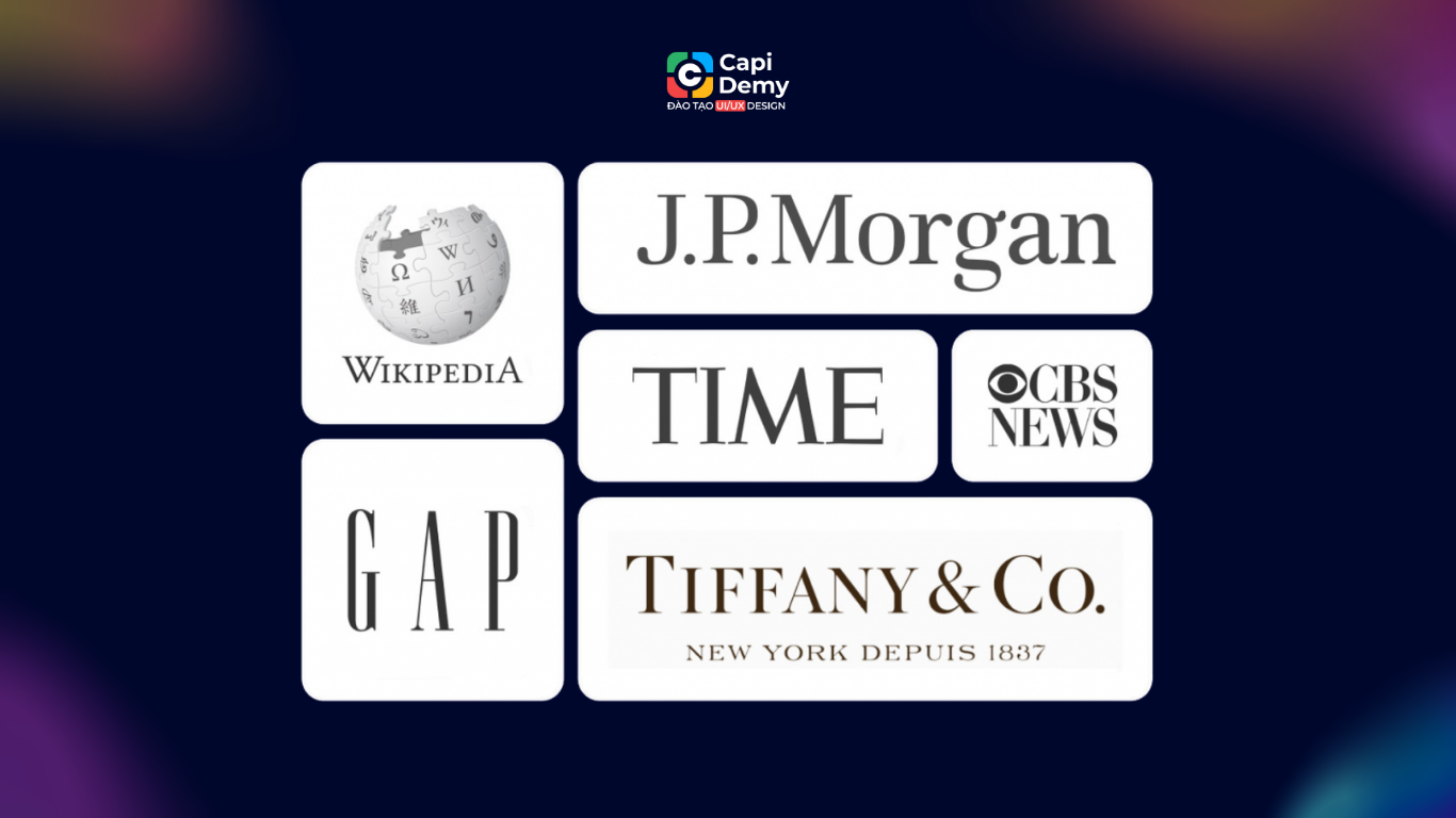 Ví dụ font chữ Serif có chân trong logo các thương hiệu ngân hàng và thời trang