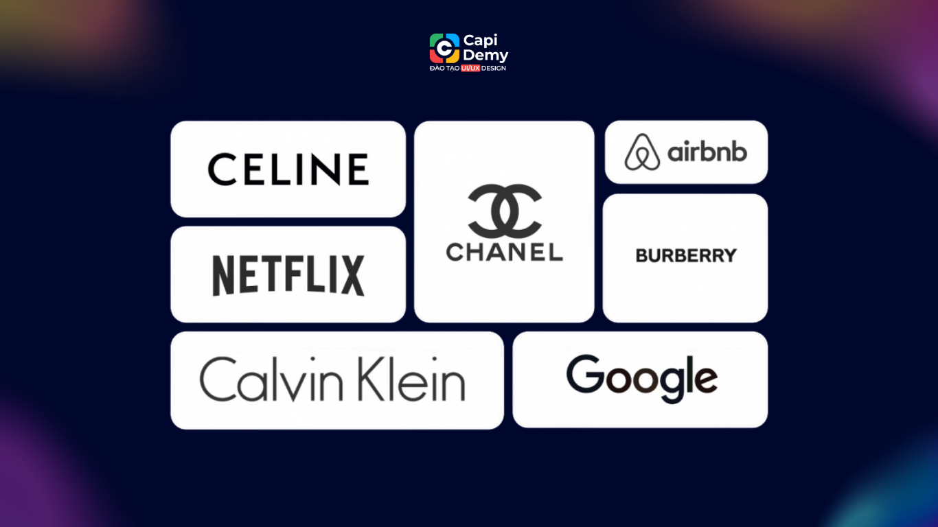Ví dụ font chữ Modern Sans Serif trong logo thương hiệu thời trang và công nghệ