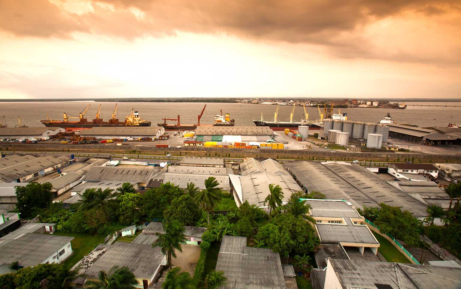 Scene of a habour in Cameroon showing ships ready to take their cargo to international markets.