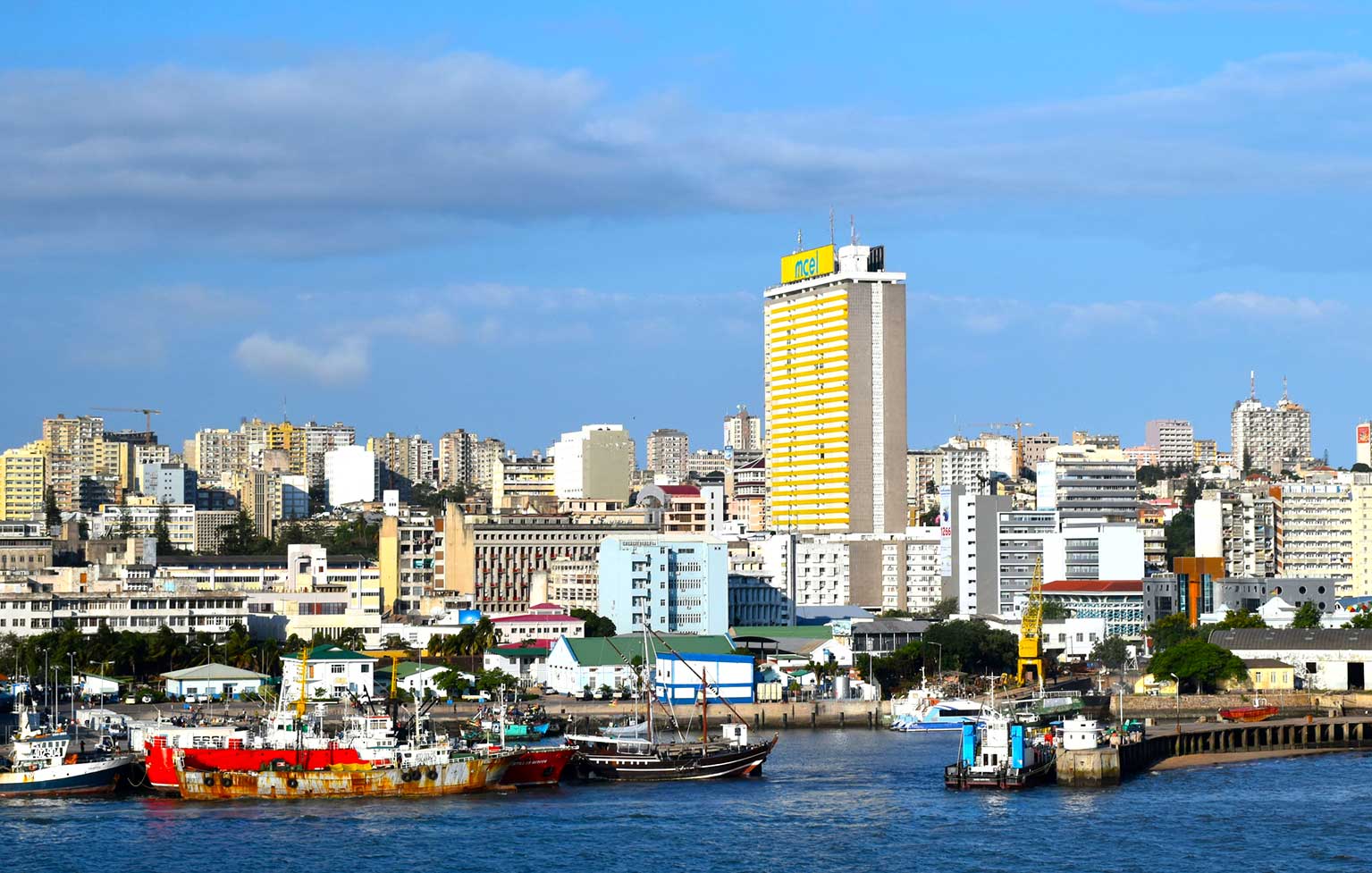 Maputo, Mozambique. View from the harbour of the city rising up in the background.
