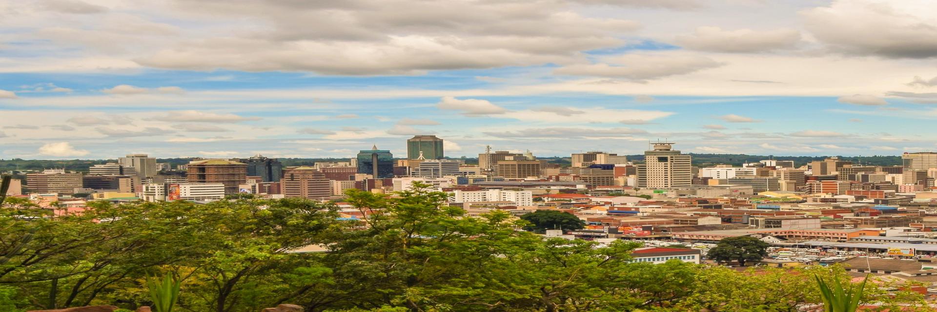 Harare Zimbabwe skyline with city buildings, central business district, and economic hub view.