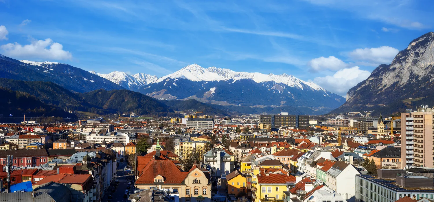 Aerial view of Innsbruck, Austria, highlighting the city’s financial district, business infrastructure, and economic centre in the Alps.