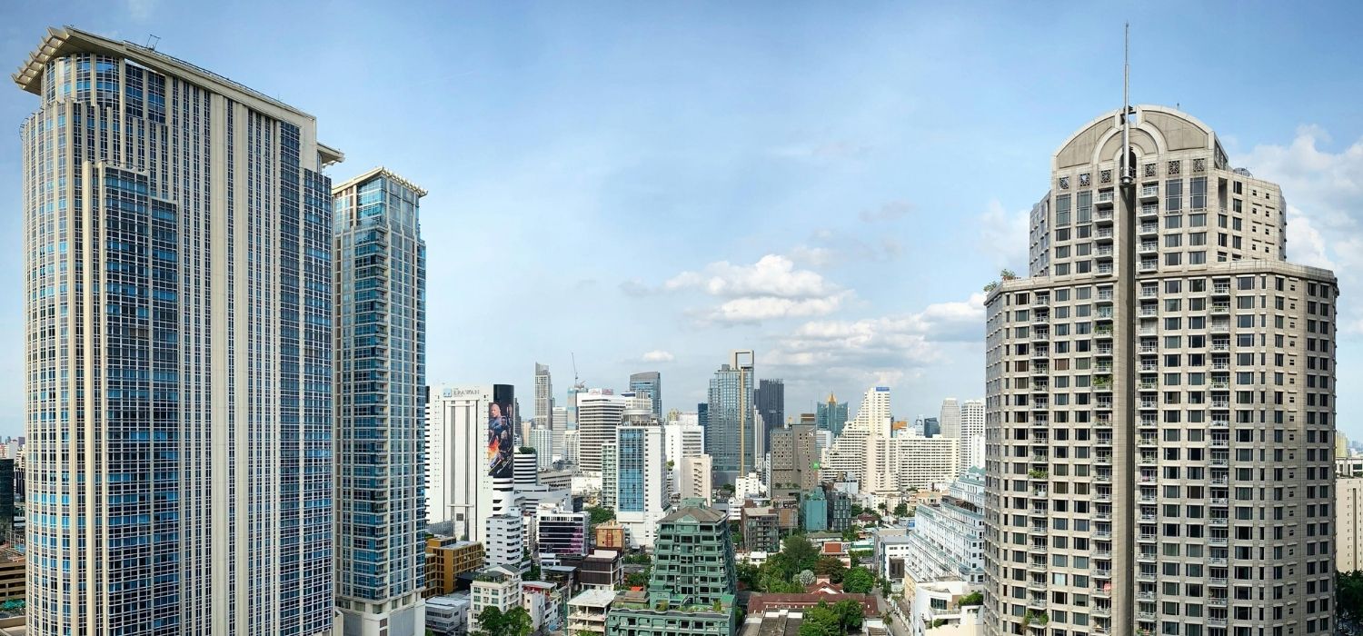 Aerial view of business buildings in Bangkok city, Thailand