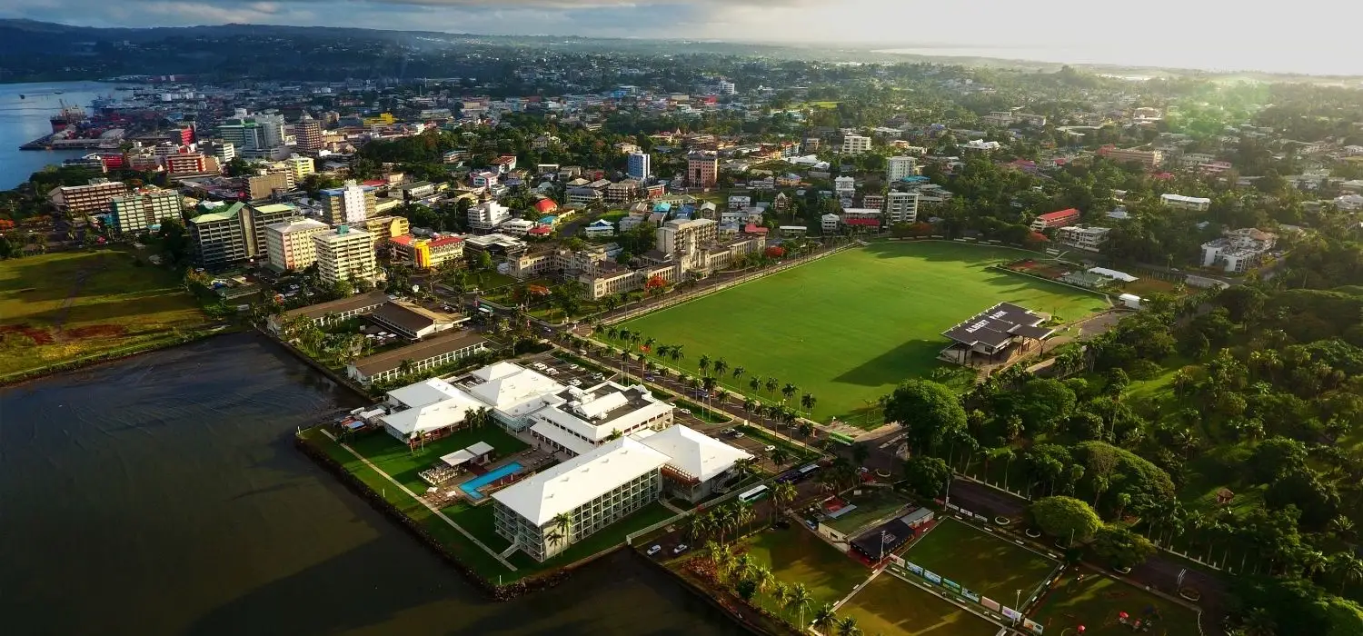 High-angle view of Suva city in Fiji, the country's administrative and commercial hub