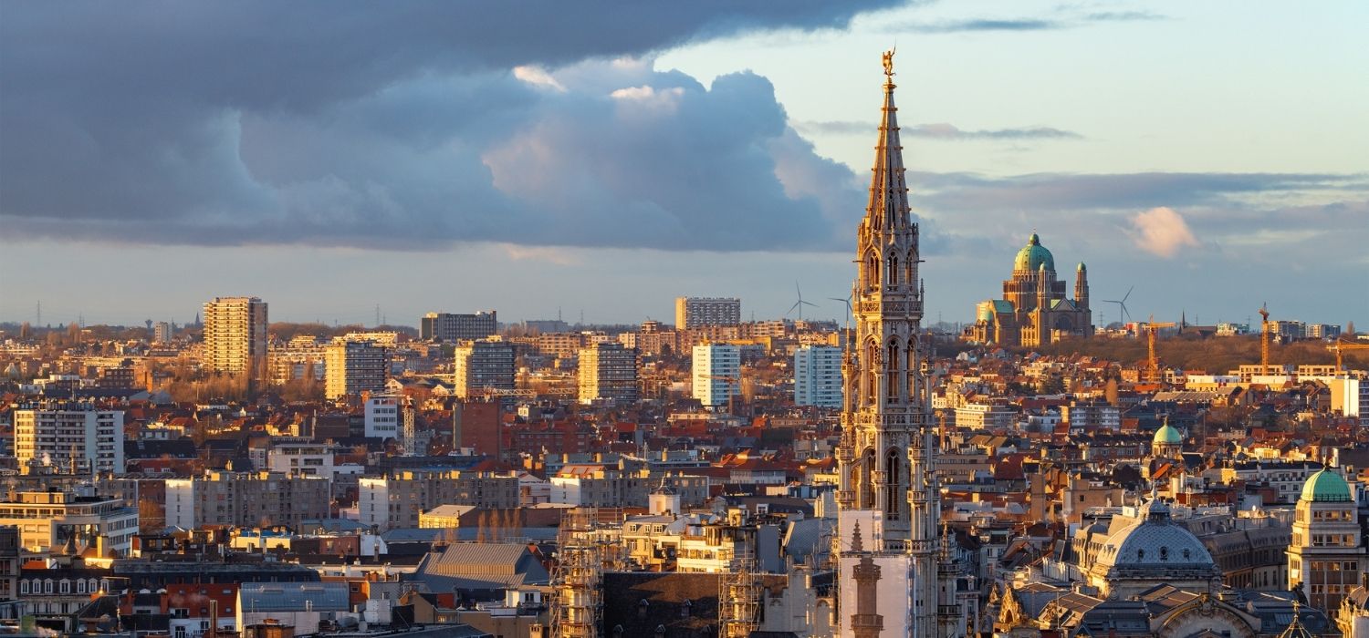 Cityscape of Bussels, Belgium's financial capital, at sunset