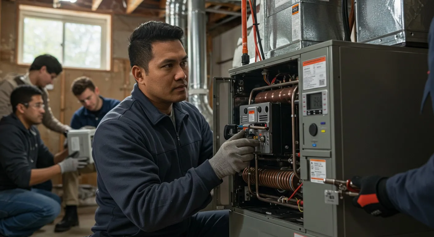 HVAC technicians performing a heating repair on a furnace unit in a basement or utility room.