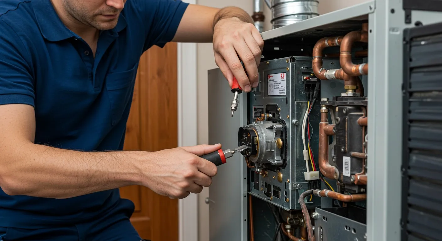 Technician using screwdrivers to perform heating repair or maintenance on a furnace unit.