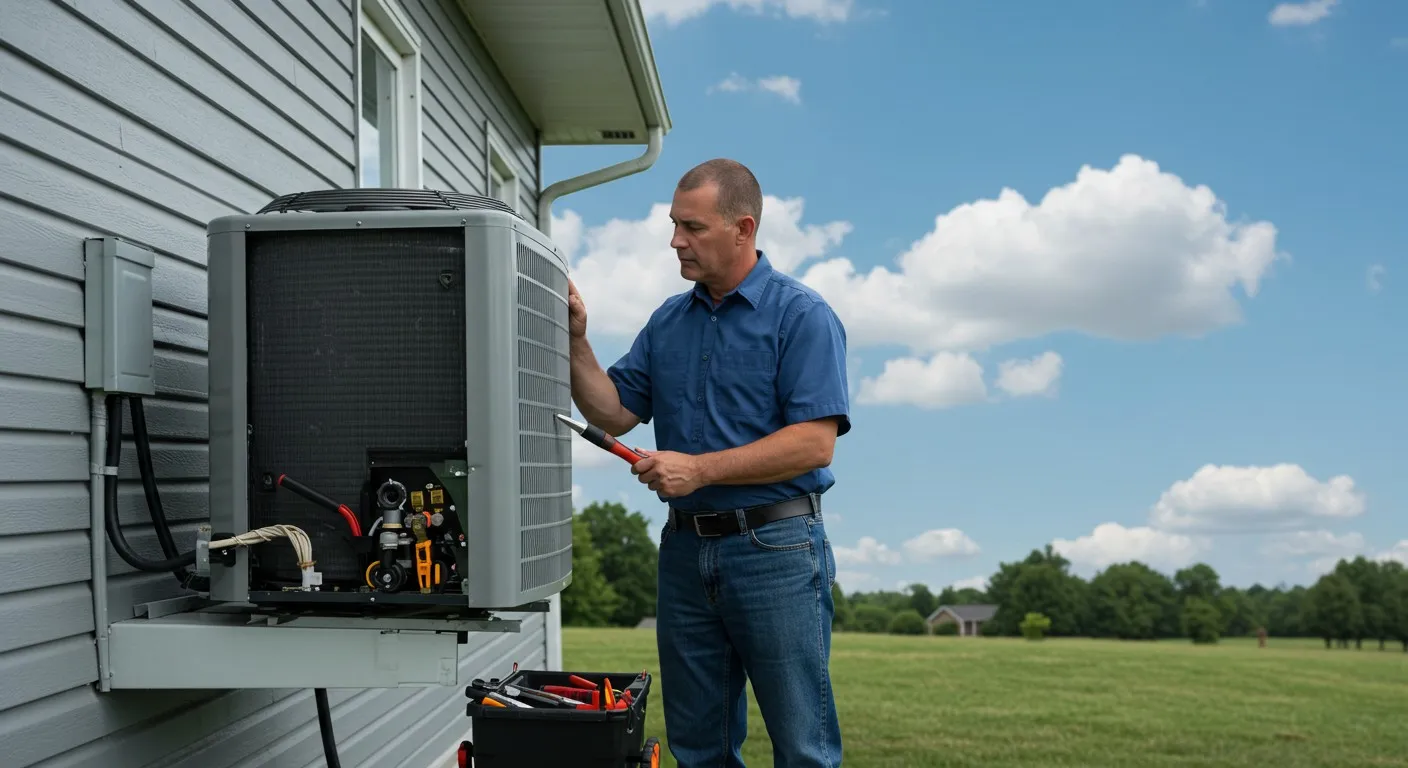Technician inspecting outdoor residential AC unit.
