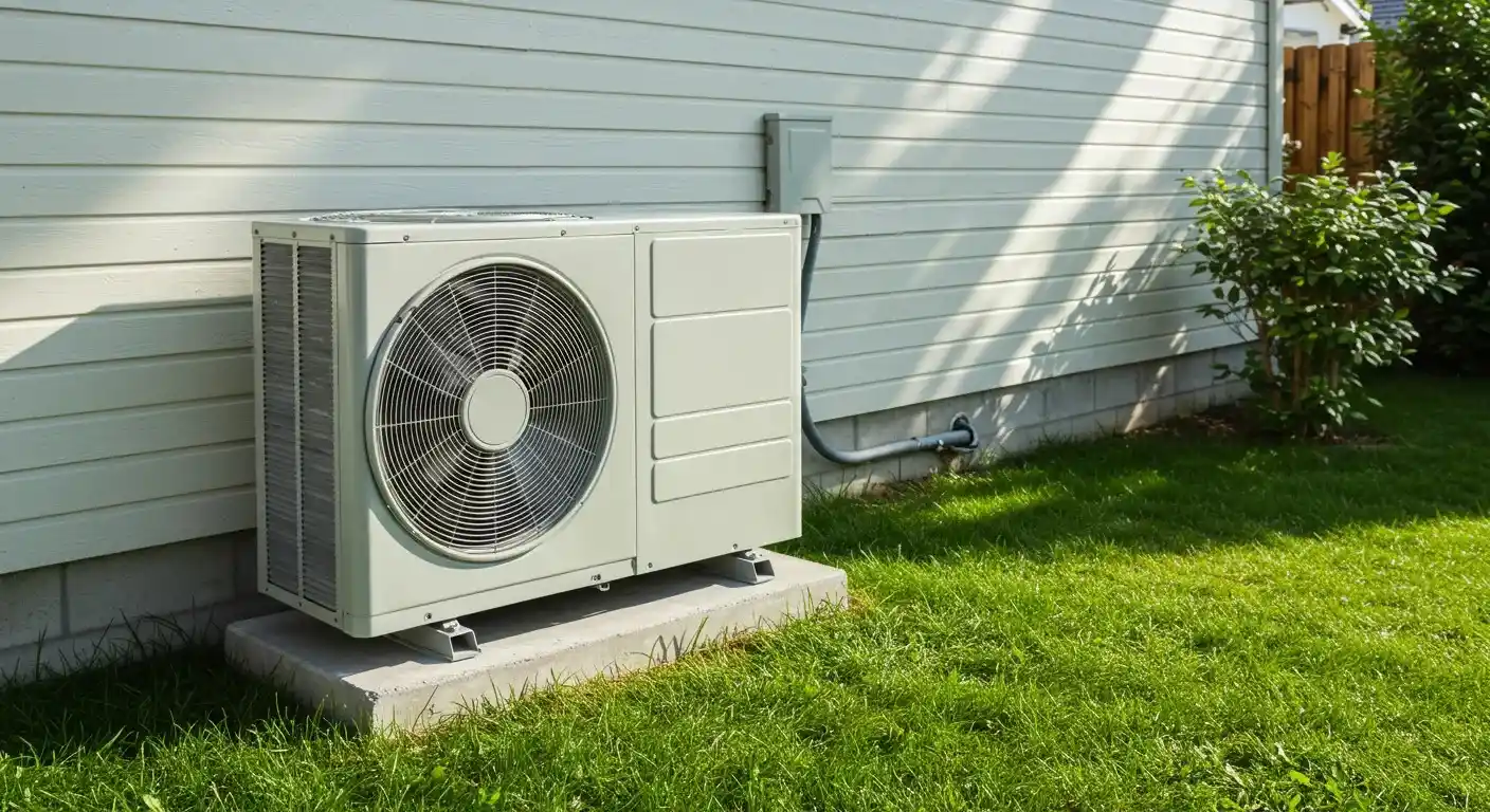 A modern, white heat pump unit is installed on a concrete pad in a well-maintained lawn next to a white-sided house.
