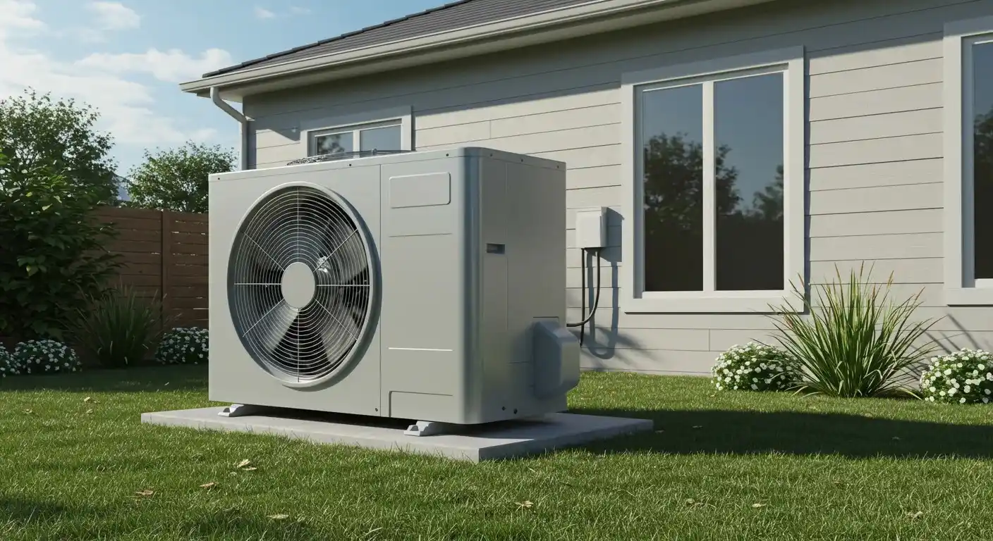 A compact, modern heat pump unit is situated on a concrete slab in a grassy yard next to a gray-sided home with large windows.