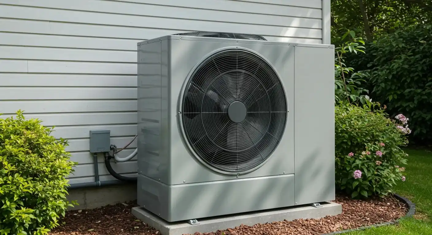 A large, gray heat pump unit is installed on a concrete pad with black risers, next to a white-sided house and green bushes.