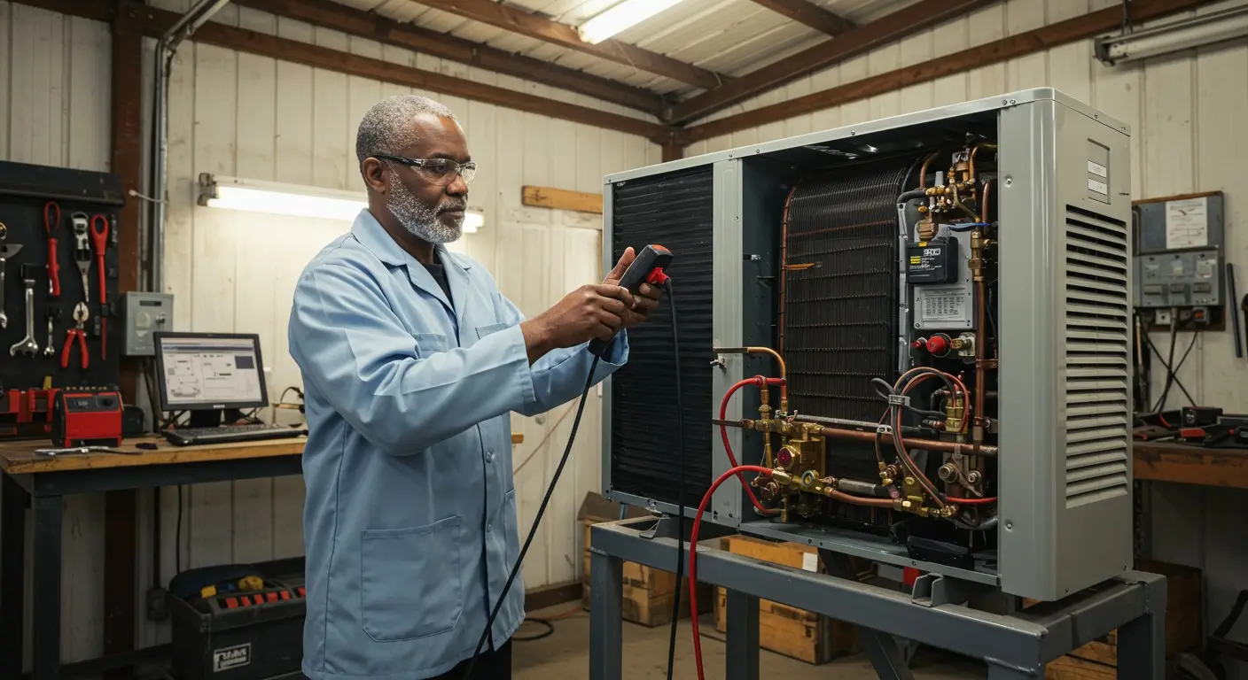 Technician checking large HVAC unit wiring.