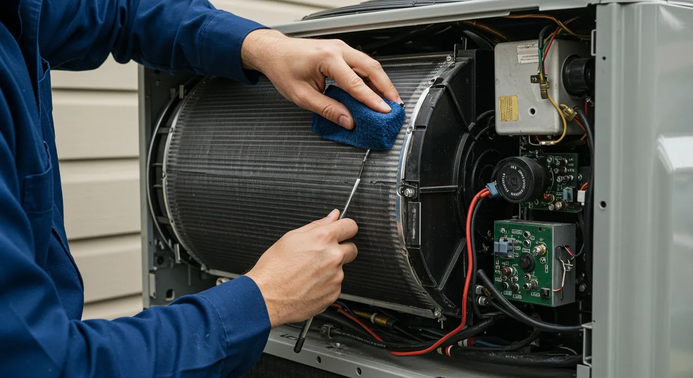 Cleaning indoor AC coil with rag.