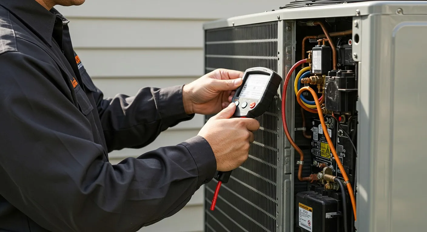 Technician using meter on AC unit.