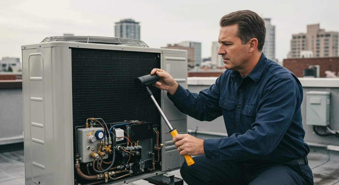 Technician maintaining rooftop AC unit in city.