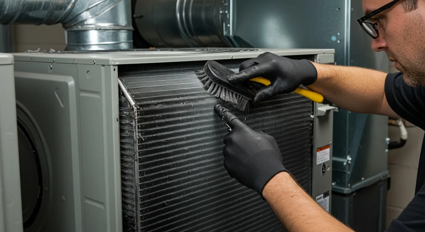 Technician cleaning indoor HVAC coil with brush.