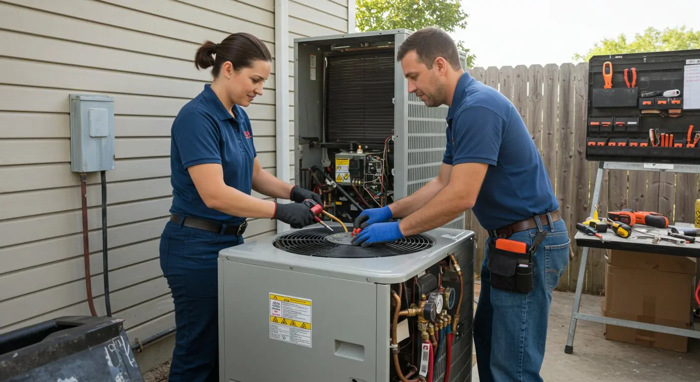 Two technicians servicing outdoor AC unit.