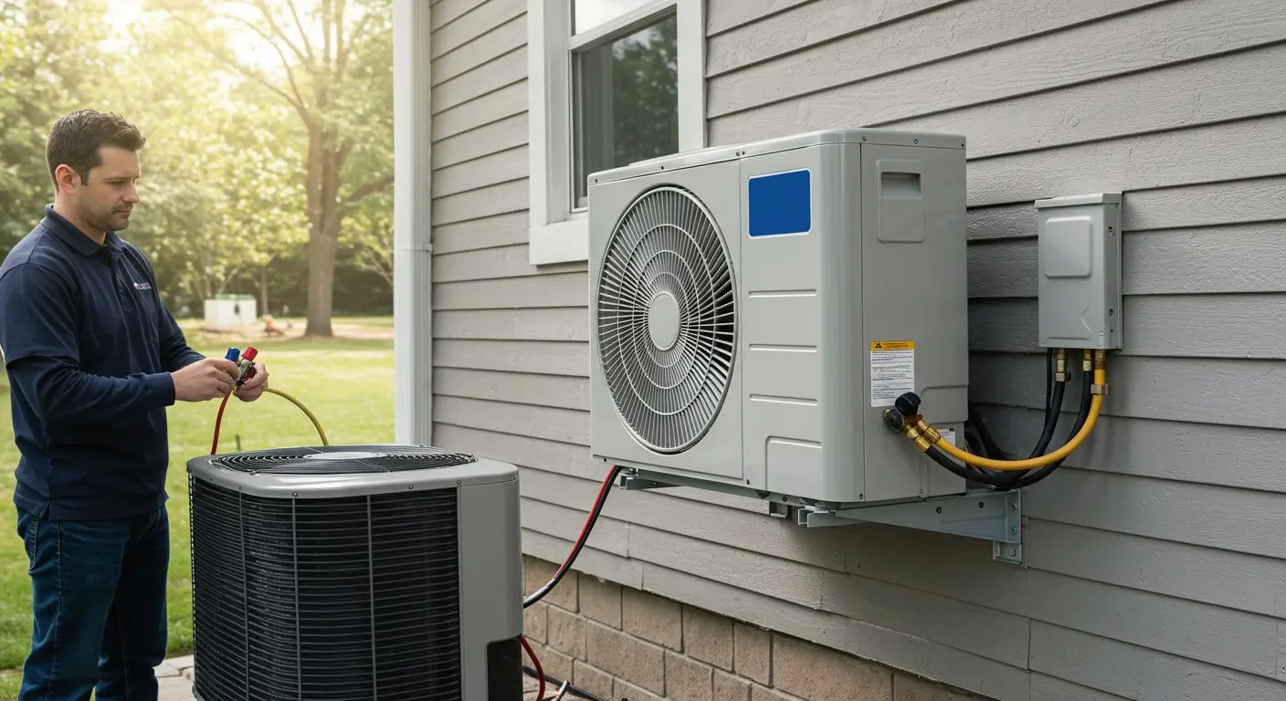 Technician working near two AC units.