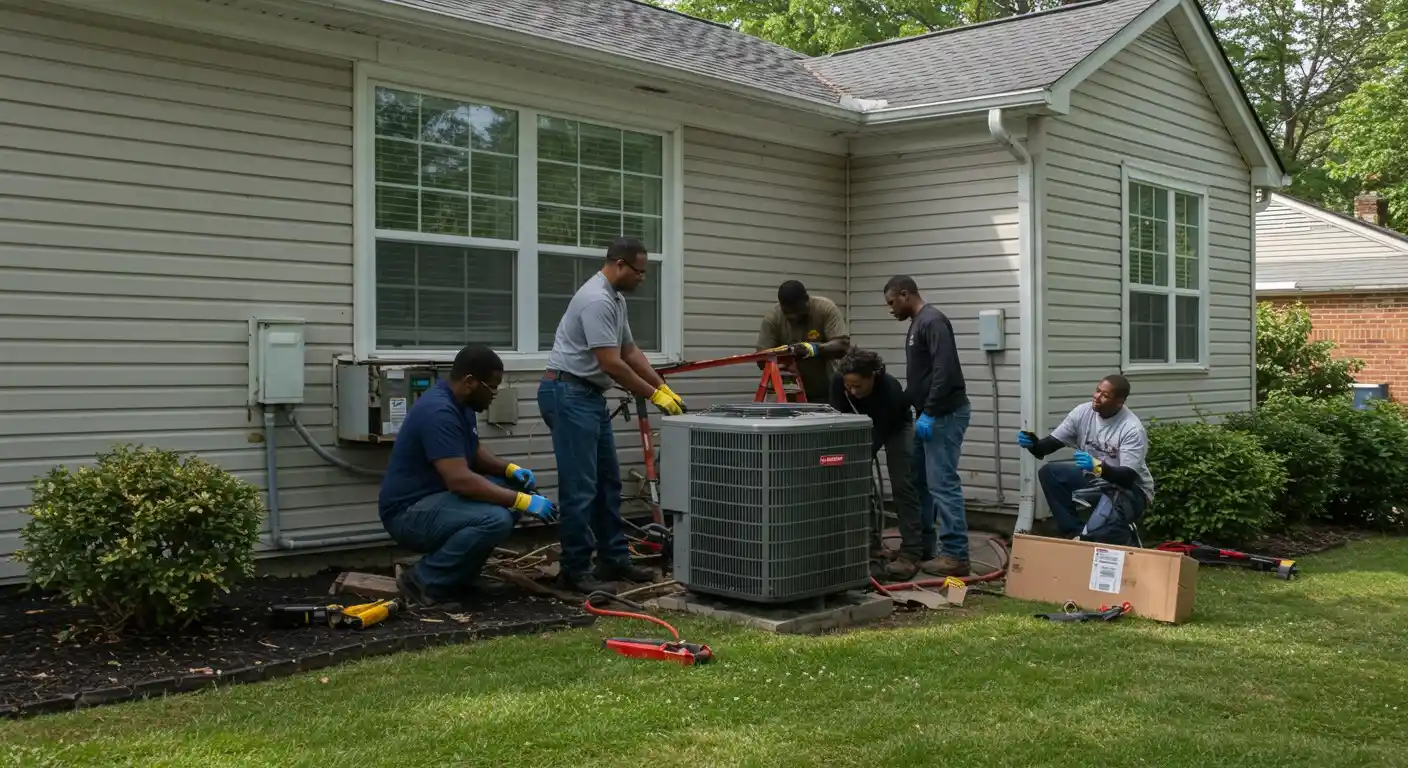 Team of technicians servicing residential AC unit.