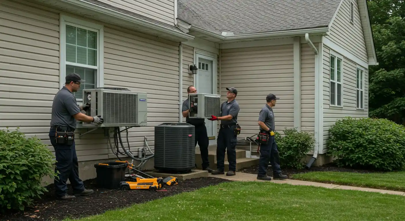 Four technicians installing mini-split AC units.