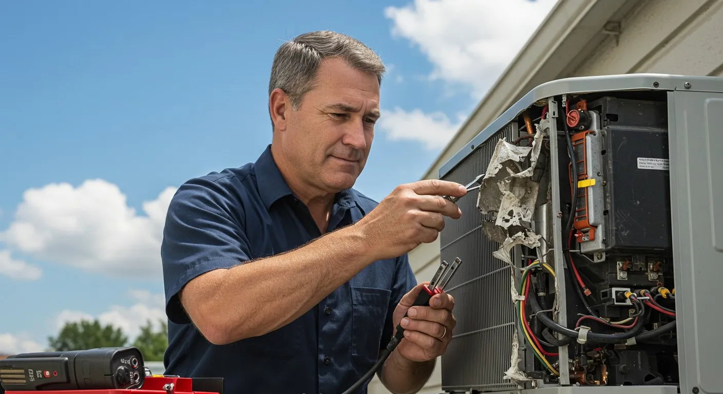 Man technician repairing outdoor mini-split AC.