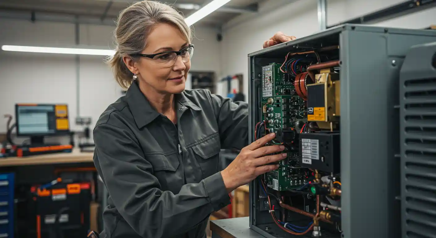A smiling female technician, wearing glasses and a gray uniform, is carefully inspecting or working on a printed circuit board inside the open panel of a gray industrial unit. The interior shows copper piping and other electrical components. The background is a brightly lit workshop with a computer screen visible.