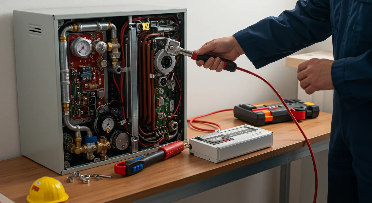 A technician in blue overalls is using a testing device with a red cable to check the internal components of a wall-mounted boiler or water heater with its cover removed. The unit displays complex circuitry, copper pipes, and gauges. A yellow hard hat and other testing equipment are on the wooden workbench.