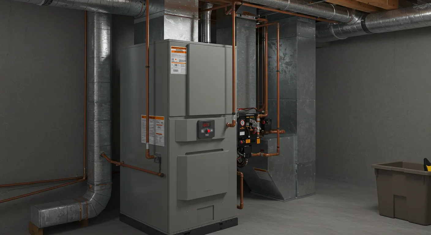 A new, gray residential furnace is installed in a basement with gray walls and a concrete floor. It is connected to a complex network of large, shiny metal ductwork and smaller copper pipes. The furnace has a digital display and is connected to external controls mounted on its side, suggesting a modern and high-efficiency HVAC system.