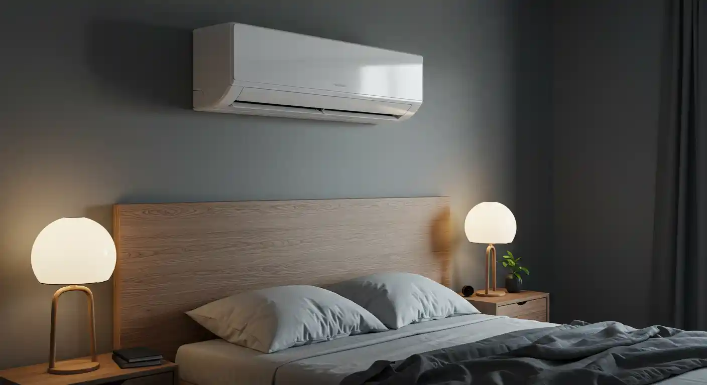 the interior of a modern bedroom featuring a mini-split AC indoor unit mounted high on a dark gray wall above a wooden headboard.