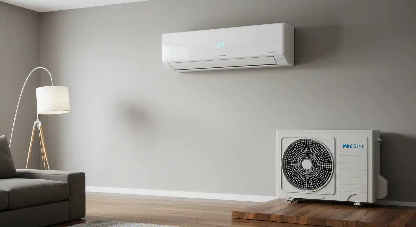a side-by-side view of both the indoor and outdoor components of a mini-split AC system within an interior setting. The white indoor unit is mounted high on a neutral gray wall and displays a digital temperature of 22. Directly below and slightly to the right, the compact outdoor condenser unit, branded "Mini Split," rests on a wooden platform on the hardwood floor. In the foreground on the left, there is a section of a gray sofa and a modern floor lamp with a white shade supported by a tripod base. This setup illustrates the system's ability to operate with both units in close proximity.