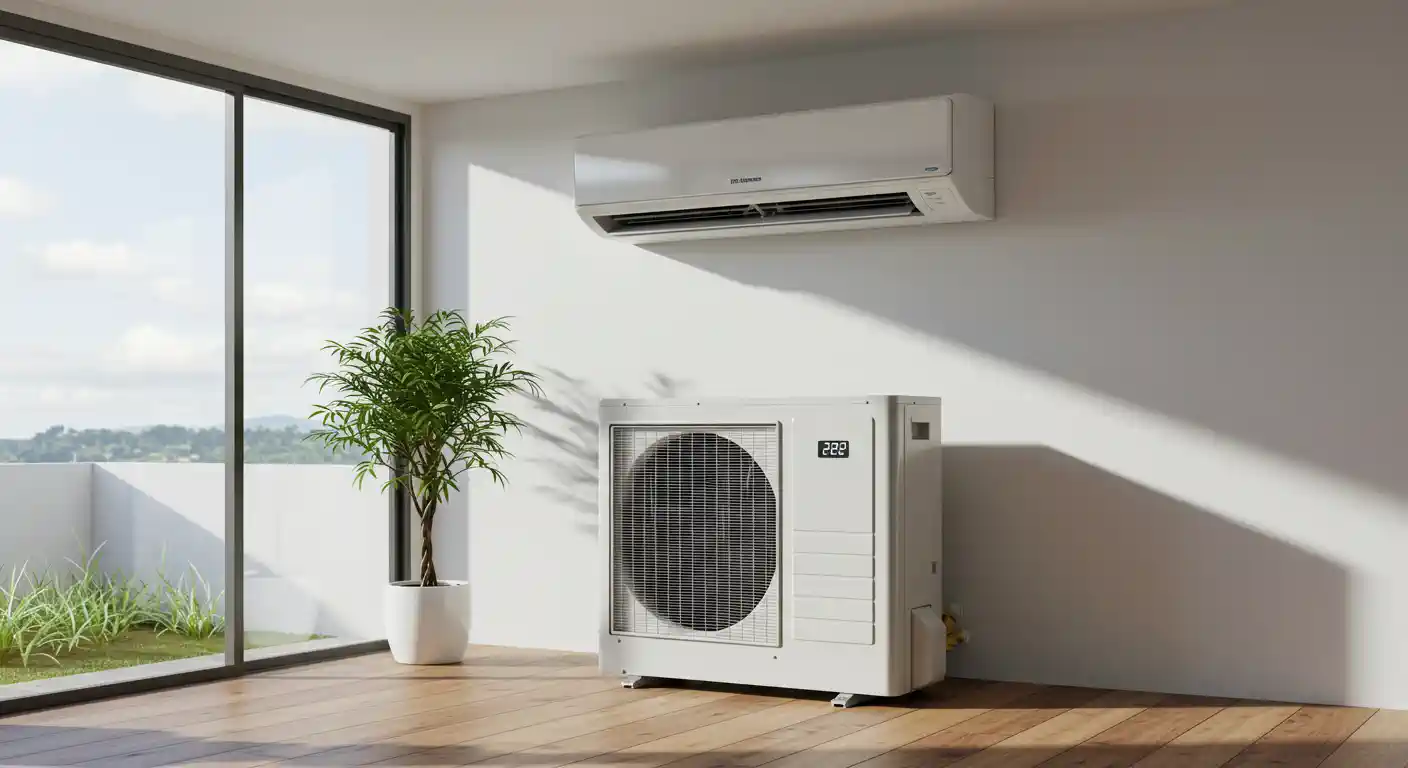 A bright, modern interior showcasing a mini-split AC system installed on a white wall. The white indoor unit is mounted high on the wall. Below it, the compact, white outdoor condenser unit is visible, sitting on the wooden floor and displaying a temperature reading of 22 on its digital screen. A tall, potted green plant is placed near the floor-to-ceiling glass windows and door, which open to an outdoor space with grass and a distant view. The room has light wood flooring and is well-lit by natural light.