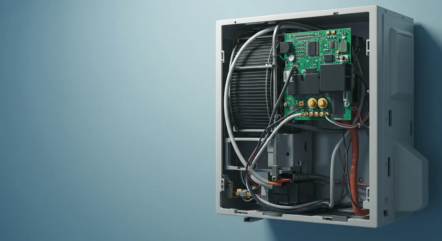 a detailed, cutaway view of the internal components of a ductless mini-split unit (likely an indoor air handler). The white plastic casing is partially removed, revealing a complex assembly mounted on a blue wall. The most prominent feature is a green circuit board with various electronic components, terminals, and wiring harnesses connected to it. Behind the circuit board, a black cooling coil/heat exchanger and associated components are visible, along with insulated refrigerant lines and electrical cables. The left side of the image is mostly blank blue wall space.