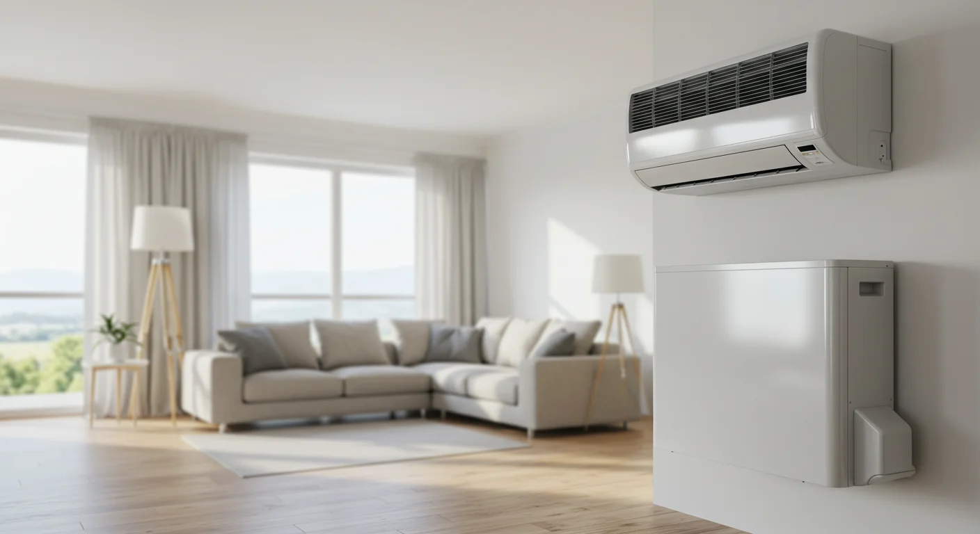 a bright, modern living space featuring a ductless mini-split AC system. The indoor unit is mounted high on a white wall in the foreground on the right. Below it, a larger white rectangular box is visible, which could be an outdoor condenser unit or a large line-set cover/cabinet, indicating a close installation between the indoor and outdoor components. The background shows a comfortable seating area with a light-colored sectional sofa, modern tripod floor lamps, and large windows with white curtains offering a blurred view of a green landscape. The room has light wood flooring.