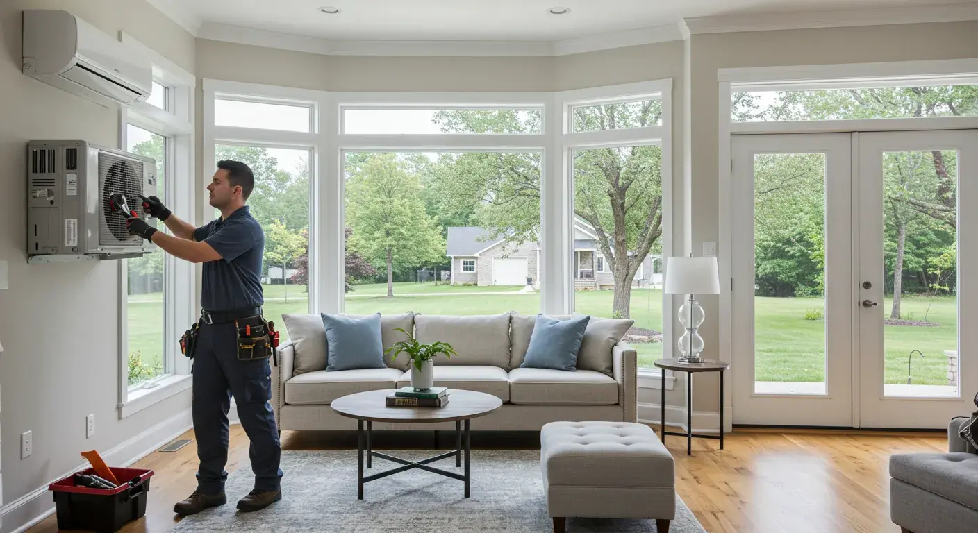 an HVAC technician wearing a dark blue uniform and a tool belt, servicing a multi-unit mini-split system in a brightly lit residential living room with a large bay window. The technician is focused on the lower, gray indoor unit—which has a grille on the front—mounted below a standard white wall-mounted indoor unit on the wall near a window. The room features a light-colored sofa, wood floors, a rug, and large windows looking out onto a grassy yard and neighborhood homes.