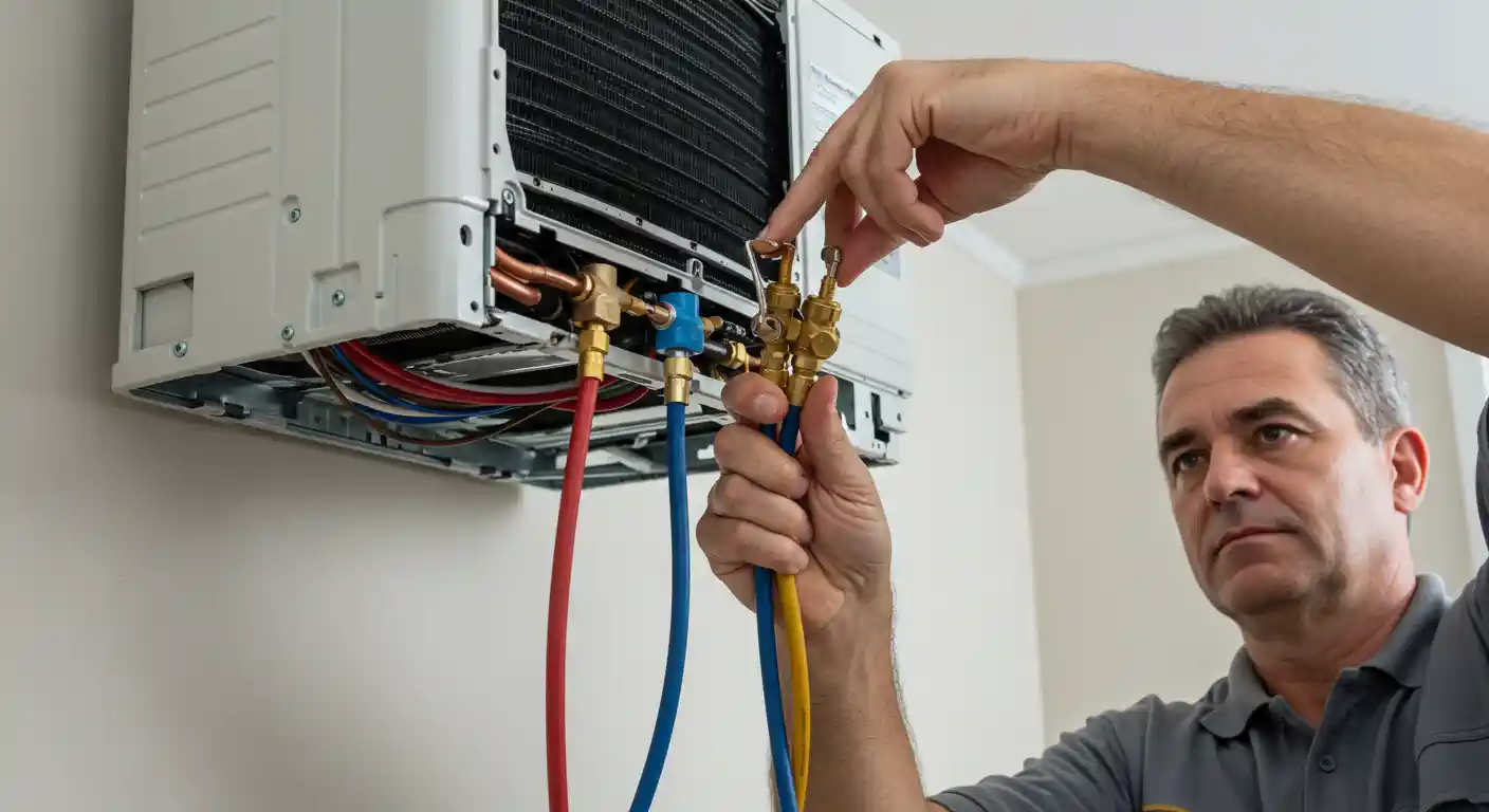 A technician is working on the service valves of a mini-split AC indoor unit during installation. He is connecting or adjusting a set of manifold gauges (with red, yellow, and blue hoses) to the copper piping to perform tasks like pressure testing, evacuation, or adding refrigerant.