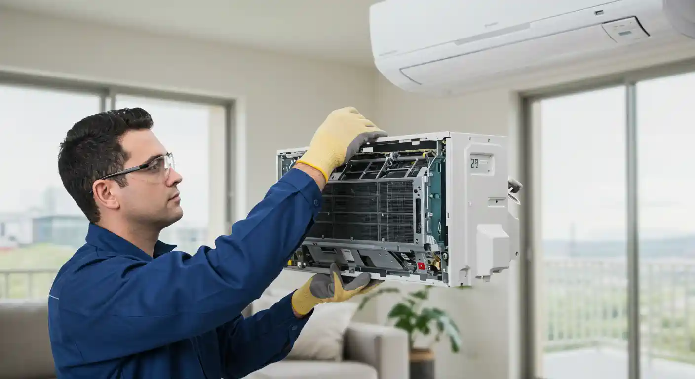 A technician wearing safety glasses and yellow gloves is installing or servicing the open indoor unit of a high-wall mini-split AC system. He is holding the main chassis of the unit, which reveals the evaporator coil and internal components. Another similar unit is mounted high on the wall above him.