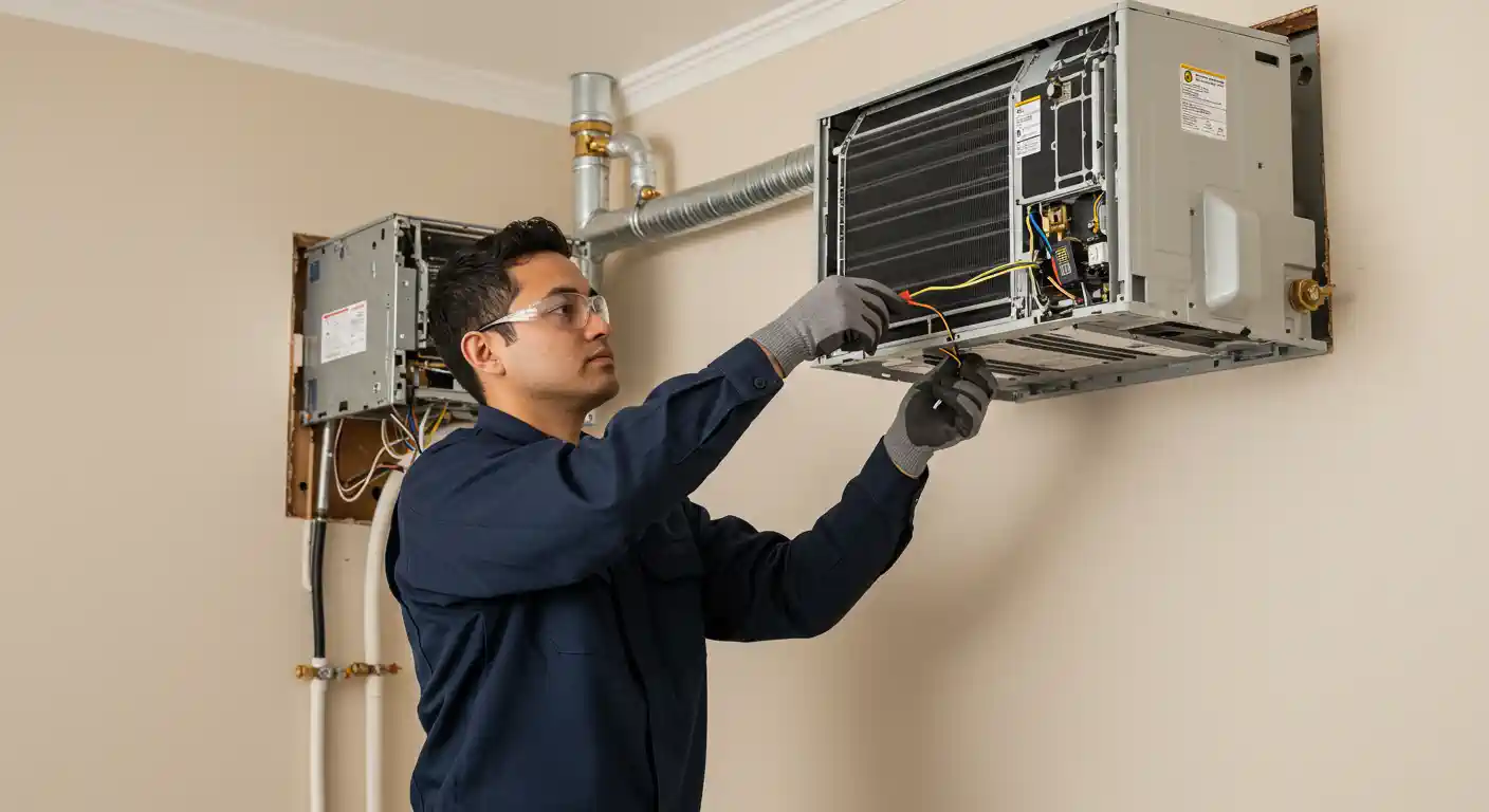 A technician wearing safety glasses and grey gloves is installing or repairing the electrical wiring of a wall-mounted, partially exposed mini-split AC cassette-style indoor unit. Another similar unit is visible to the left, and metal ductwork runs along the wall above the units.