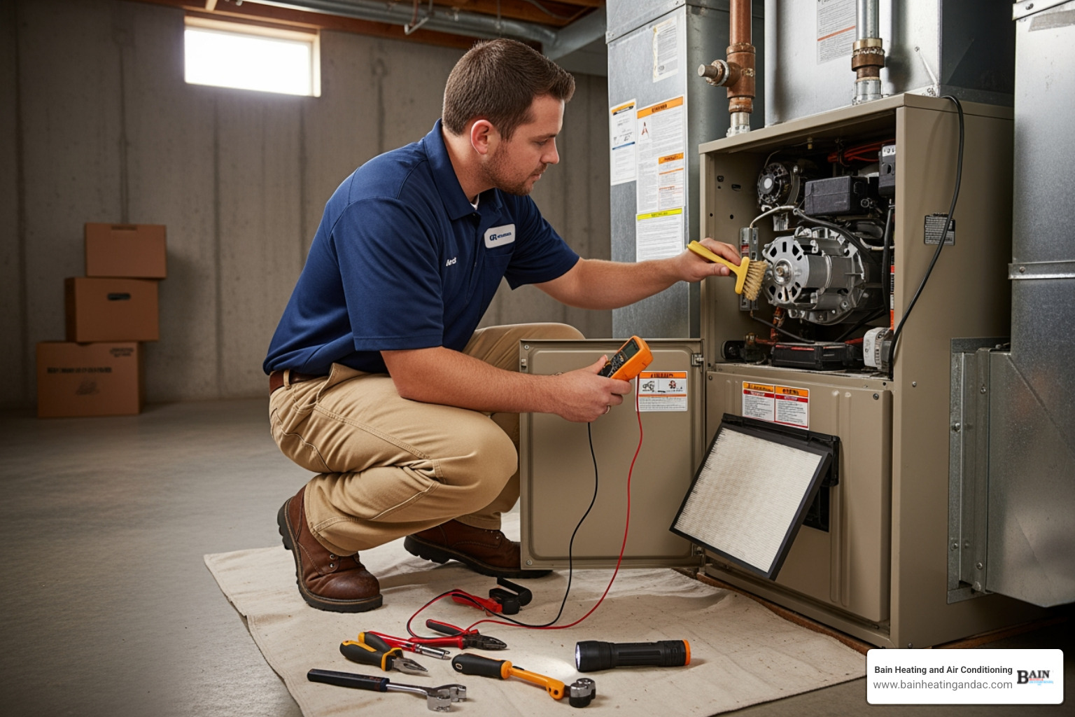 infographic showing three main benefits of annual heating maintenance: improved energy efficiency with lower bills, extended equipment lifespan through preventative care, and enhanced safety with carbon monoxide testing - residential heating maintenance in anniston, al