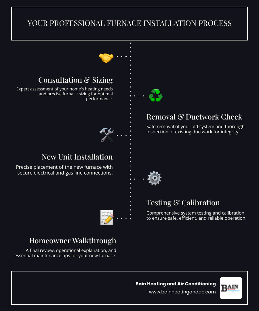 Infographic showing the furnace installation process: Assessment and sizing, old system removal, ductwork inspection, new unit installation, electrical and gas connections, testing and calibration, and homeowner walkthrough - furnace installation in oxford al infographic infographic-line-5-steps-dark