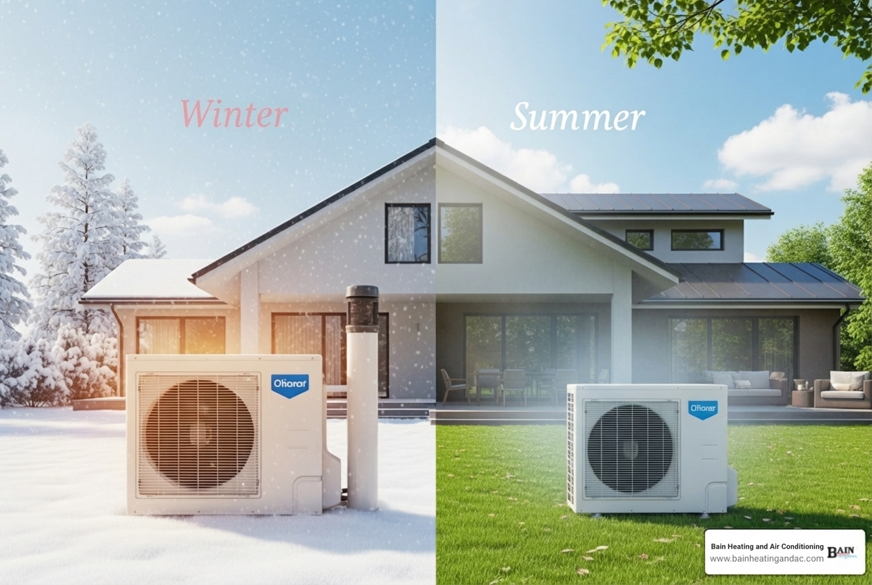 infographic showing a heat pump system diagram with arrows indicating heat transfer in both heating mode (extracting warmth from outdoor air and moving it inside) and cooling mode (removing indoor heat and releasing it outside), labeled with seasonal benefits and efficiency advantages for Anniston's climate - heat pump repair installation in anniston, al