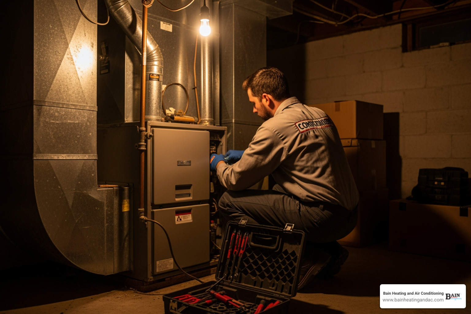 Infographic showing the top 5 signs your furnace needs repair before winter: 1) Strange noises like banging or squealing from the furnace unit, 2) Unusual burning smells or gas odor coming from vents, 3) Weak airflow or cold air instead of warm air, 4) Higher than normal energy bills without increased usage, 5) Yellow or flickering pilot light instead of steady blue flame - "I need to find a reliable furnace repair technician to fix my heater before winter."