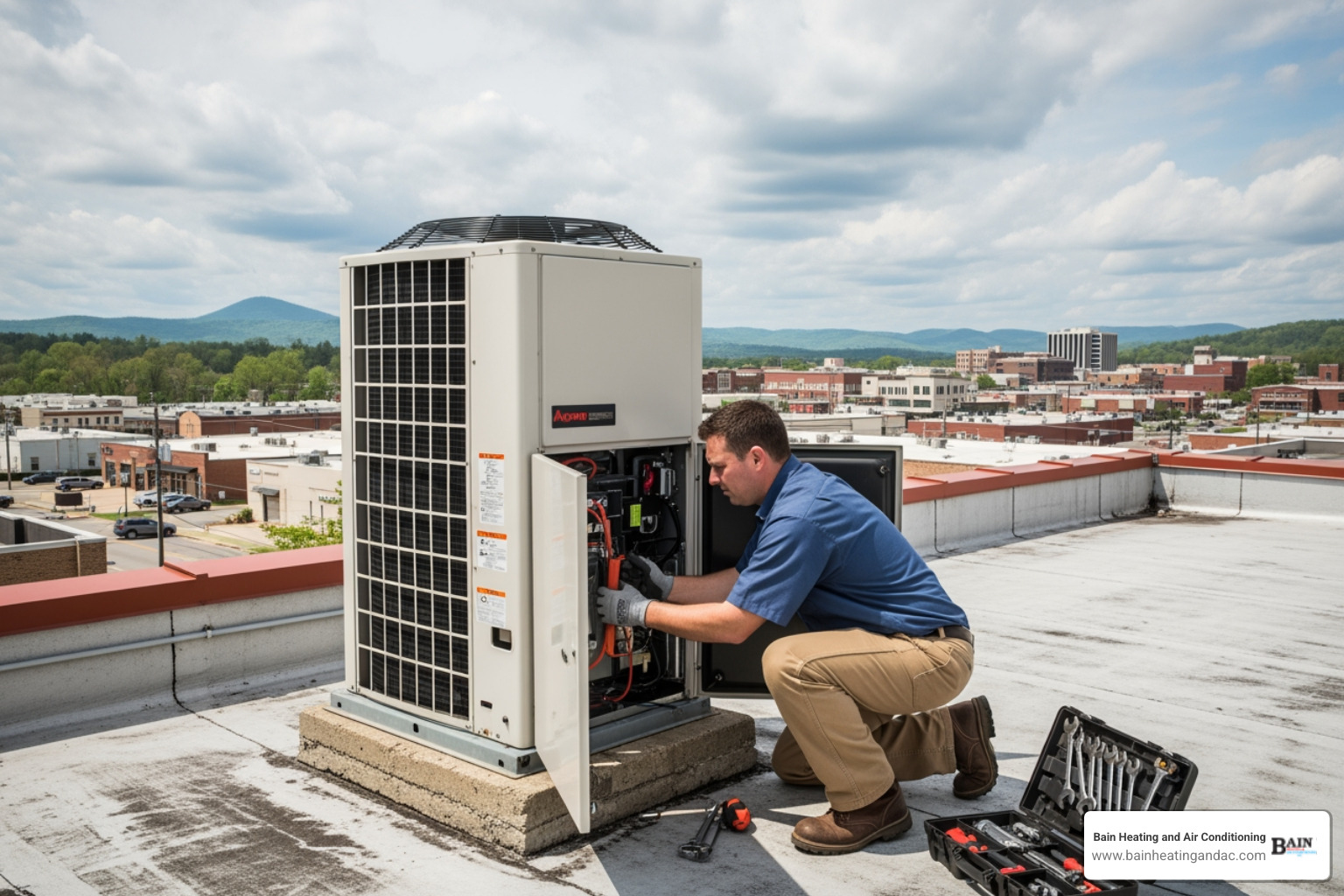 Infographic showing commercial heat pump heating and cooling cycles with reversing valve operation, refrigerant flow direction in winter and summer modes, and key components including compressor, condenser, evaporator, and expansion valve - commercial heat pump repair in anniston, al