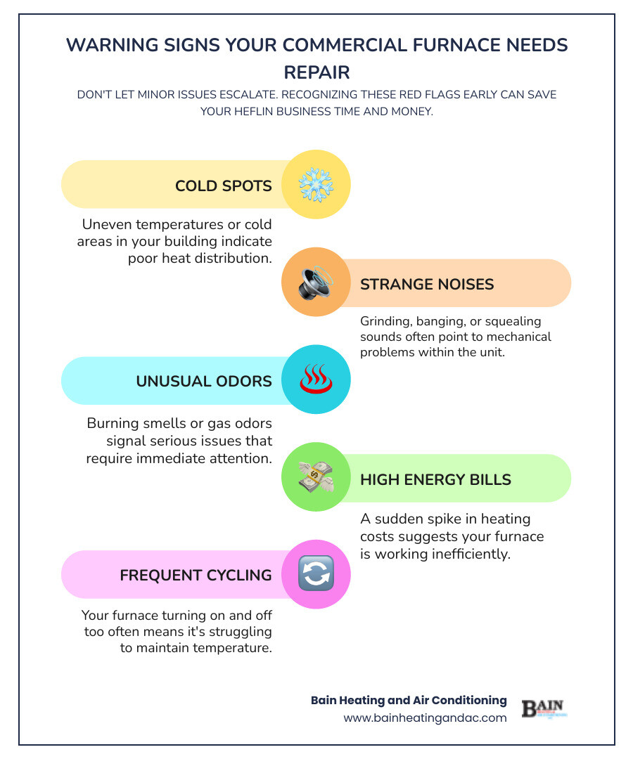 Infographic showing warning signs your commercial furnace needs repair: cold spots in the building, grinding or banging sounds, burning smells, sudden spike in energy bills, frequent on-off cycling, and weak airflow from vents - commercial furnace repair in heflin, al infographic infographic-line-5-steps-colors