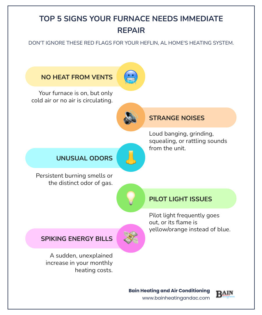 Infographic showing the top 5 signs your furnace needs immediate repair: no heat coming from vents, strange banging or grinding noises, burning or gas odor, pilot light keeps going out, and unusually high energy bills - same day furnace repair in heflin, al infographic infographic-line-5-steps-colors