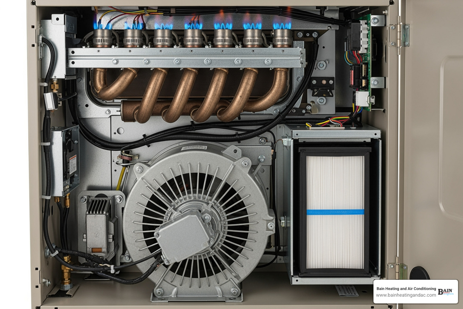 infographic showing the main components of a home furnace system including the burner, heat exchanger, blower motor, air filter, and thermostat, with arrows indicating airflow and heating process - furnace repair in heflin al