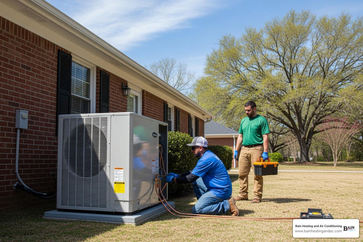 Infographic showing the heat pump installation process from assessment through testing, including indoor air handler placement, outdoor unit connection, refrigerant line installation, and final system calibration - heat pump installation in oxford al