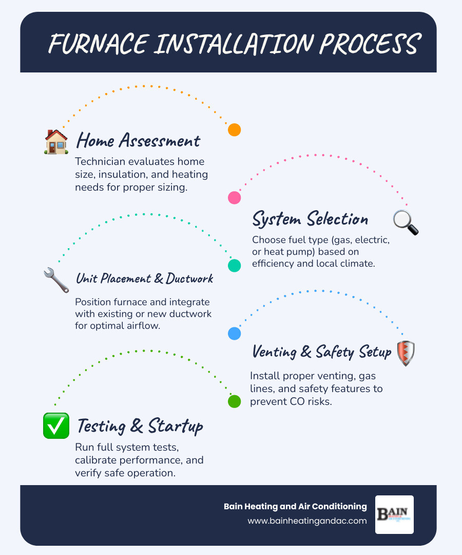 infographic showing the complete furnace installation process from initial assessment and system selection through professional installation steps including ductwork integration and venting to final testing and maintenance schedule - furnace installation in choccolocco al infographic infographic-line-5-steps-blues-accent_colors