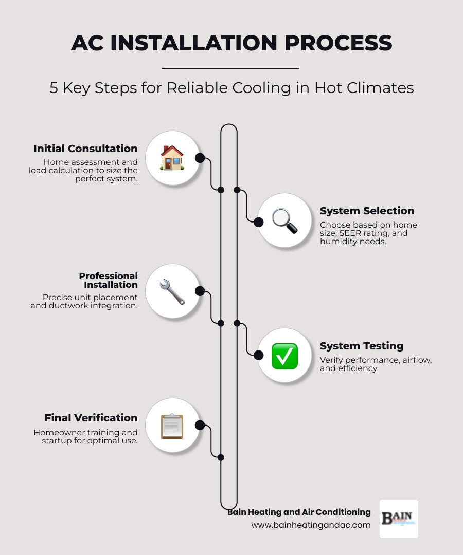 infographic showing AC installation process: initial consultation and home assessment, system selection based on size and efficiency needs, professional installation with load calculation, ductwork inspection and testing, final system verification and homeowner training - ac installation in anniston al infographic infographic-line-5-steps-elegant_beige infographic showing AC installation process: initial consultation and home assessment, system selection based on size and efficiency needs, professional installation with load calculation, ductwork inspection and testing, final system verification and homeowner training - ac installation in anniston al infographic infographic-line-5-steps-elegant_beige