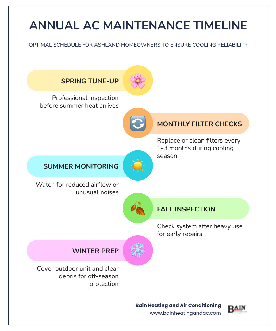 Infographic showing annual AC maintenance timeline for Ashland homeowners: Spring tune-up before summer heat, monthly filter checks during cooling season, fall system inspection, and benefits including 15-20 year system lifespan, 30-45% optimal humidity levels, and prevention of emergency breakdowns - ac maintenance in ashland al infographic infographic-line-5-steps-colors