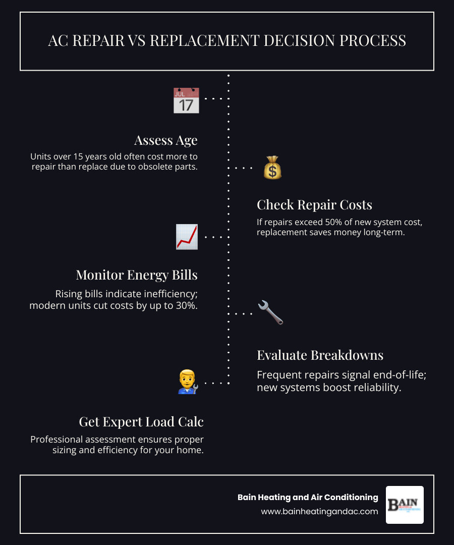 Infographic showing repair vs replacement decision factors for AC systems in Jacksonville AL - ac replacement repair in Infographic showing repair vs replacement decision factors for AC systems in Jacksonville AL - ac replacement repair in